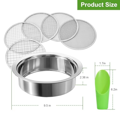 Soil Sieve Stainless Steel Riddle Sieve Set, 9.5" Diameter, Garden Sifter with 5 Filter Mesh Sizes 1,3,5,9,12mm and Bonsai Soil Scoops Gardening Tool - style: 151