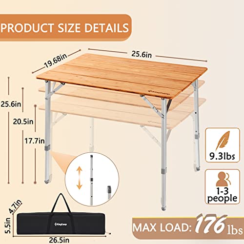 KingCamp Lightweight Stable Folding Camping Table Bamboo Outdoor Folding Tables Adjustable Height Portable Picnic - color: Yellow-m, size: 25.6x19.6x17.7/20.5/25.6in, style: 4-fold