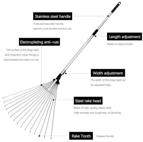 Buyplus Adjustable Garden Leaf Rake - 24 to 63 Inch Telescopic Metal Expandable Folding Leaves Rake, Metal Rake for Leaves, Yard Rakes for Lawn Yard, Flowers Beds, Black