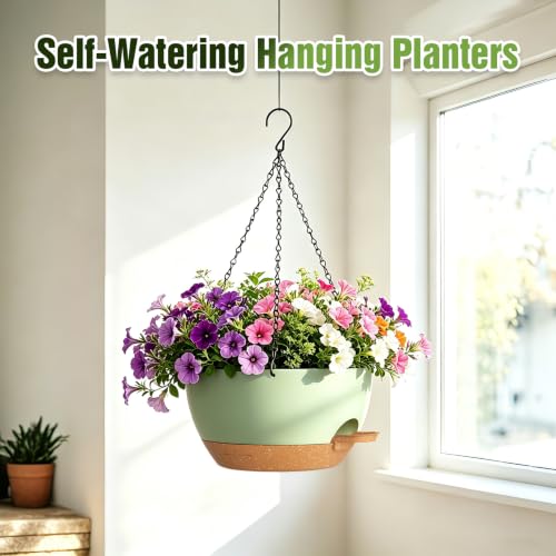 13 Inch Large Self Watering Hanging Planters 2 Pack with Saucers - color: Green Brown, size: 13 Inch 2 Pack