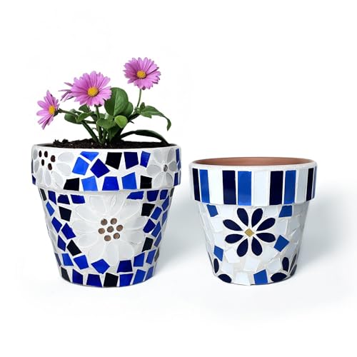 Lily's Home Set of 2 Flowerpots with Mosaic Pattern. Decorative Plant Pots with Drainage Holes for Indoor Outdoor, Perfect for Snake Plants, Succulents,Terracotta. Pots are 4 9⁄10 & 4 ¼ inch Height.
