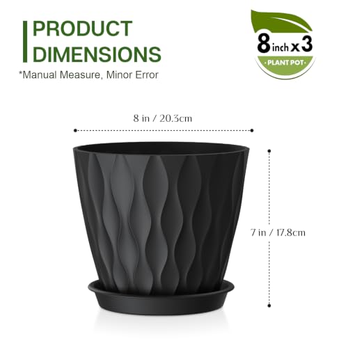 Plant Pots for Indoor Plants 3 Pack 8" Plastic Planters with Drainage Holes - color: Black, size: 8 in 3pcs