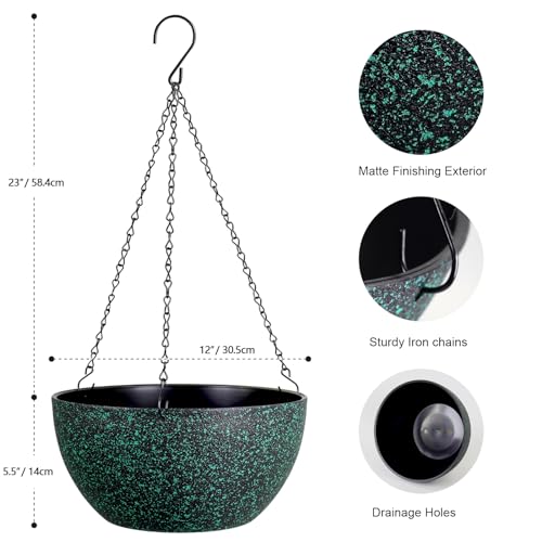 Meowell 12 inch Large Hanging Planters for Indoor Outdoor Plants, 2 Pack Hanging Flower Pots with Drainage Holes and Chain, Plastic Hanging Baskets for House Plants, Black with Green Speckles - color: Black With Green Speckles, size: 12inch 2pcs