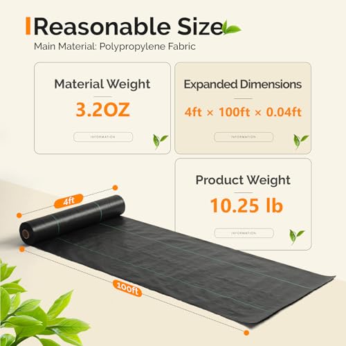 VINGLI 4x100FT Weed Barrier Landscape Fabric, 3.2oz Premium Heavy Duty Weed Blocker Fabric, Garden Cloth Weed Control Mat, Geotextile Fabric, Ground Cover for Gardening, Driveway & Landscaping - size: 4x100FT