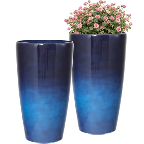 22.8" Gradient Blue Resin Tall Outdoor Planters with Drainage Holes - color: 22.8"h-faux Blue Ceramic
