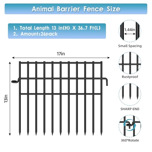 37ft (L) X 13in (H) Garden Animal Barrier Fence, 26 Pack No Dig Dog Fence Border, 1.44in Gap Decorative Fences, Rustproof Metal Wire Garden Border Fence for Dog, Rabbits Ground Stakes - color: Black, size: 26 Panels, 13 in x 36.7 ft