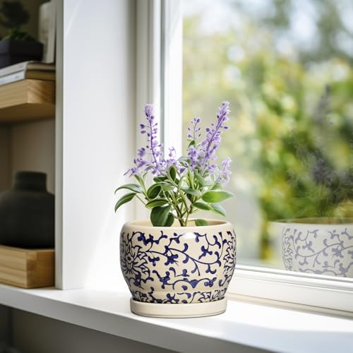 SQOWL Ceramic Flower Pots - 6 Inch Plant Pot Indoor with Drainage Hole and Saucer, Porcelain Ceramic Planter Outdoor, Decorative Round Small Planter, House Decor, Plant Lover Gifts, Blue and Beige - color: Blue and Beige, size: 6 Inch