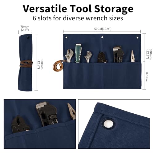 Chisel Roll,Small Tool Roll Pouch,Tool Roll Bag Organizer, Heavy Duty Waxed Canvas Tool Bag, Multi-Purpose Roll-Up Storage Bag for Hand Tools Holder with 6 Pockets Wrench Roll Up Pouch - color: Blue