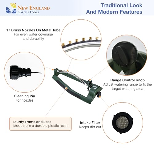 Oscillating Sprinkler 100006, Adjustable Pattern to Cover Up to 2,695 Square Feet, 17 Brass Nozzles on Metal Tube for Even Lawn Watering, by New England Garden Tools