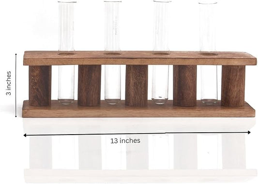 Wooden Plant Propagation Station Stand with Four Glass Test Tubes Indoor Desktop Terrarium for Hydroponics Water Plant Cutting Flower Vase Planter Home Office Garden Decor Plant Lover Gifts, Brown