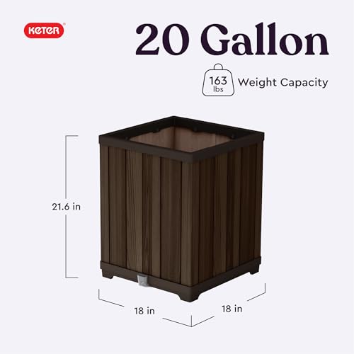 Keter Signature 21.6 Inch Tall Square Large Wood Look Planter for Indoor or Outdoor Flower Pot Ideal for Patio Deck and Front Porch Decor, Rosewood - style: Square