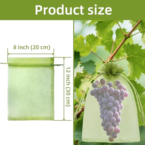 8x12 inch Fruit Protection Bags, 100PCS Green Netting Cover Fruit Mesh Drawstring Bags Protectors Pest Barrier for Fruit Tree, Tomato, Blueberry, Small Fruit Veggies Garden - size: 8x12 inch