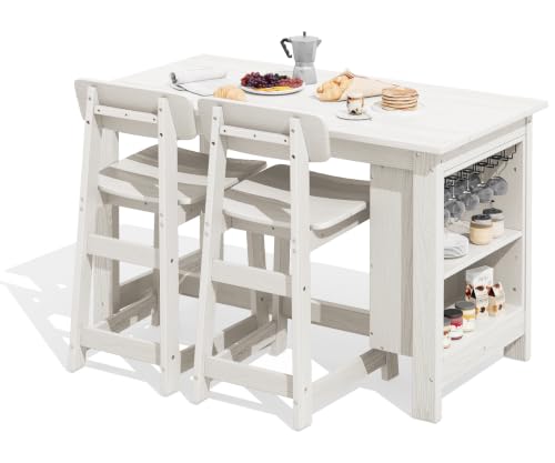SERWALL 3-Piece Outdoor HDPE Counter-Height Bar Set with Rack, White - color: White, size: 3 Piece Bar Set