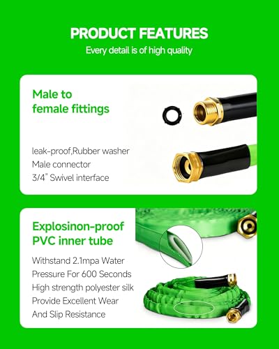 50ft Garden Hose with 10 Spray Patterns, Non-Expandable, Tangle-Free PVC