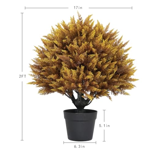 24" Fall Topiary Artificial Outdoor Plants, Faux Cedar Bushes & Shrubs - color: Golden Brown Cedar