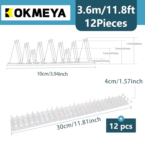 Bird Spikes,Clear 12 Pack,Bird Spikes for Outside to Keep Cats, Raccoons, Squirrels, Pigeons Away, Cat Spikes for Indoor & Outdoor Garden,11.8 Ft,Plastic Spike for Fences - color: Clear, size: 11.8 Feet