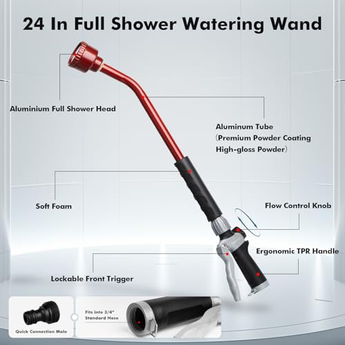 RESTMO 24 Inches Long Watering Wand for Garden Hose, Full Shower Spray Wand - color: Red