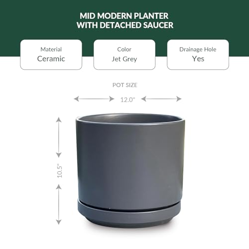 PLANTATOREM Ceramic 12 Inch Mid Modern Planter Pot with Drainage Hole and Saucer, Indoor Cylinder Round Flower Pot, Perfect for Planting Succulents, Herbs, Flowers, House Plants, Jet Grey - color: Jet Grey, size: 12.0" D x 10.5" H