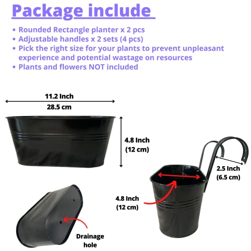 LaLaGreen Railing Planter Outdoor Plants (11.2 Inch, 2 Pack) Black Metal Iron Hanging Flower Pots Deck Rail Fence Hanging Bucket Modern Countryside Style Window Box Plant Holder with Hooks Porch Decor - size: 11.2" (28 cm) x 2 Pack