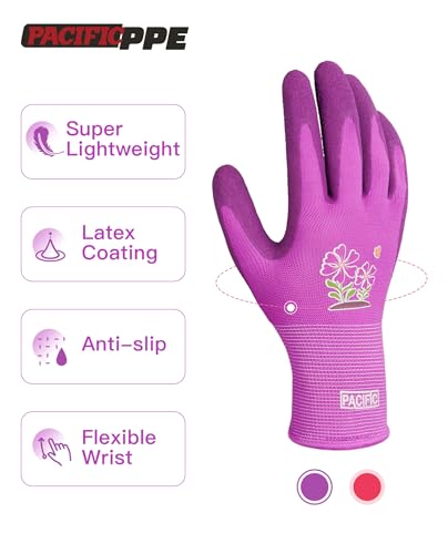 PACIFIC PPE 6 Pairs Gardening Gloves for women and Ladies, Rubber Coated Garden Gloves, Outdoor Protective Work Gloves, Medium Size fits Most, Purple & Red - color: Purple+red, size: Medium (Pack of 6)