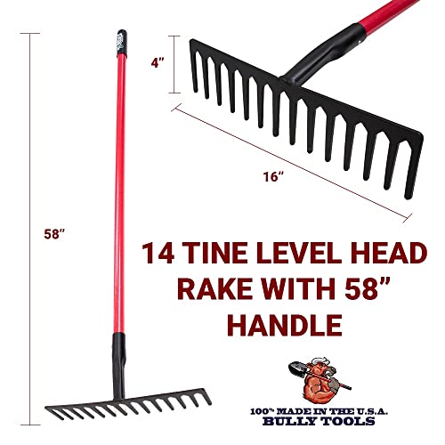 Bully Tools 14-Tine Level Head Rake | 60" Fiberglass Long Handle 16" Wide Head Garden Rake Heavy Duty Metal Tool for Soil Leveling, Spreading Mulch Gravel and Thatch | 100% Made in USA