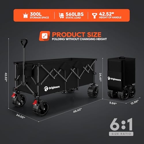 Originsure 300L Beach Wagons Carts Foldable with Big Wheels, 560lbs, Black - color: Black