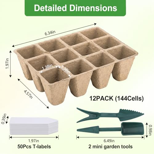 Prudiut 144 Cells Seed Starter Tray, 12 Pack Biodegradable Peat Pots Kit