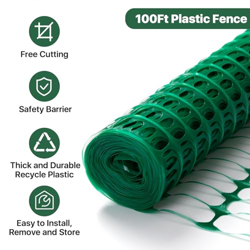 Temporary Fence Plastic Fence with Posts, Safety Barrier for Dogs Snow Mesh Fencing with Steel Stake Movable Portable Fencing Fence Roll 40In High 100Ft Long for Garden Backyard Outdoor - color: Greeen