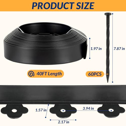 Landscape Edging Garden Kit No Dig 2IN 40FT with 60 Spikes Heavy Duty Black - size: 40FT