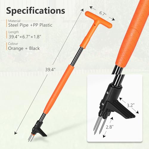 SHANTRA Weed Puller Tool, 3-Claw Stand Up Weed Puller Tool with Long Handle, Garden Weeder Puller Heavy Duty Stand Up Weeder, Weeding Tool for Lawn, Yard, Garden, Crabgrass, Dandelion Picker - size: T-Grip