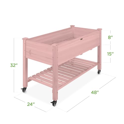 Best Choice Products Raised Garden Bed 48x24x32-inch Mobile Elevated Wood Planter w/Lockable Wheels, Storage Shelf, Protective Liner - Pink - color: Pink