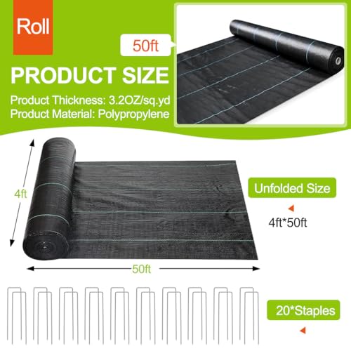 3.2oz Heavy Duty Weed Barrier Fabric, 4ft x 50ft with 20 U-Shaped Pegs, Commercial Grade Black Landscape Ground Cover for Garden, Driveway & Courtyard Weed Control - size: 4ft x 50ft with 20 Pegs