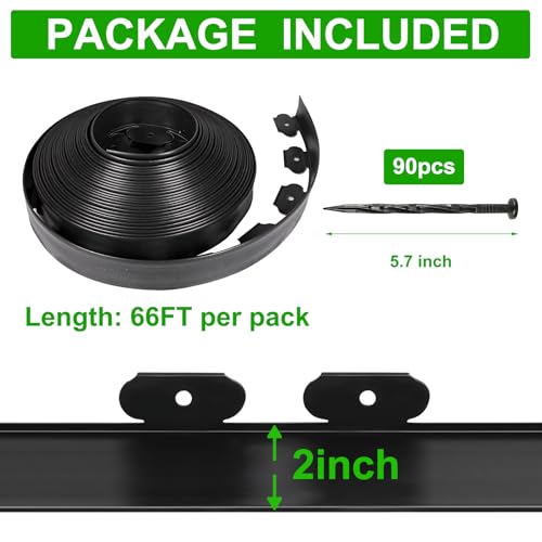 JERIA 2 Inch Tall 66 FT Garden Edging Kit with 90pcs Spikes, Plastic Edging for Landscaping - size: 2IN x 66FT