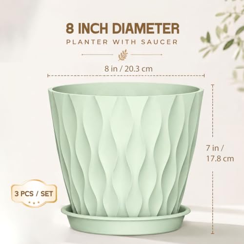 Plant Pots for Indoor Plants 3 Pack 8" Plastic Planters with Drainage Holes - color: Green, size: 8 in 3pcs
