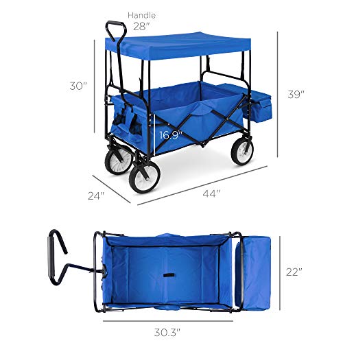 Best Choice Products Collapsible Folding Outdoor Utility Wagon with Canopy Garden Cart for Beach, Picnic, Camping, Tailgates w/Removable Canopy, Detachable Pockets, 150lb Weight Capacity - Blue - color: Blue