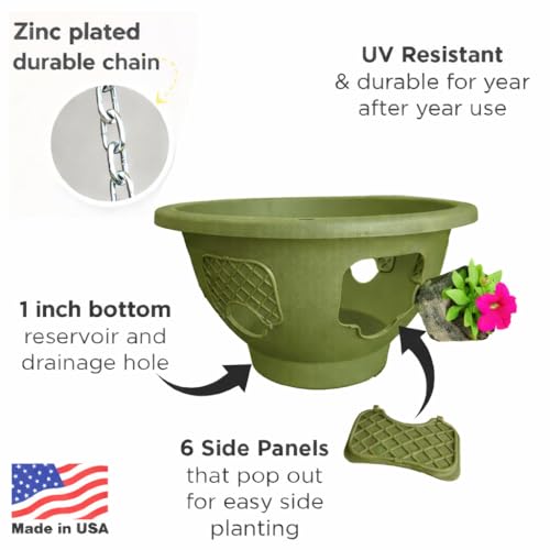 Ultimate Hanging Basket Strawberry & Flower Planter – 6 Side Planting Spaces, Drainage Hole, 1” Water Reservoir, Zinc-Plated Chain Included, Made in The USA (Sagebrush Green)