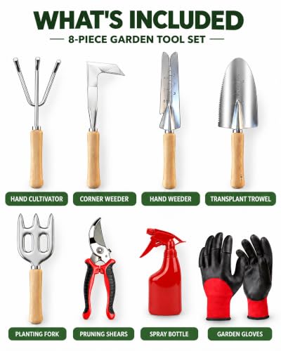 Garden Tools Set, 9-Piece Heavy Duty Gardening Tools with Clear Pocket Tote Bag, Stainless Steel Garden Hand Tools for Digging, Planting, Weeding and Pruning, Durable Gardening Kit - style: Green