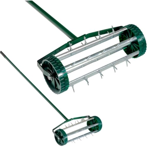 Rolling Lawn Aerator, 57" Manual Push Spike Aerator with 1.4" Rolling Spikes, Heavy Duty Lawn Aeration Tool, Galvanized Steel Soil Aerator for Garden Yard Grass, Lawn Care and Landscaping