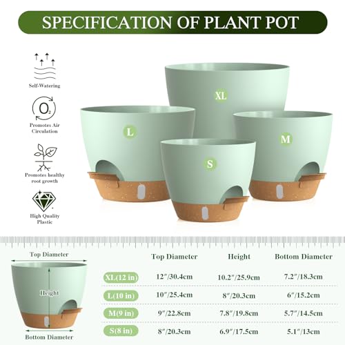 Plant Pots, 4 Pack 12/10/9/8 Inch Self Watering Pots with Drainage Holes, Water Level Indicator Deep Reservoir, Large Planters for Indoor Outdoor Plants - Green Brown - color: Green Brown, size: 12+10+9+8 inch Set