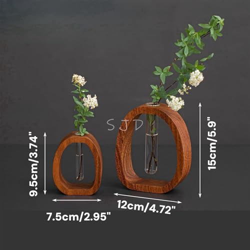 Walnut Wood Glass Flower Vase with Test Tubes | Modern Hydroponic Planter for Fresh Cut Flowers | Handcrafted Tabletop Decor for Home, Office, Farmhouse Style (Large) - size: Large
