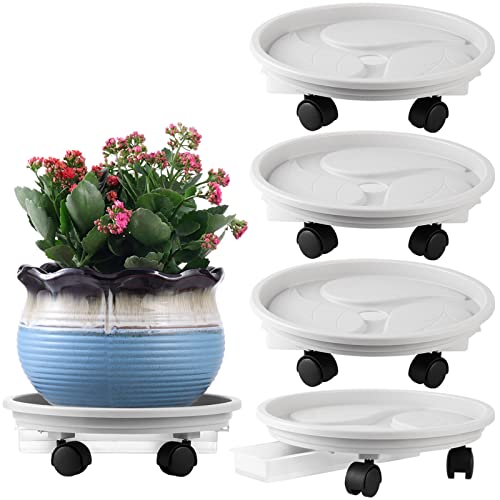 4-Pack 13" Rolling Plant Stand with Wheels, Drainage Tray and Casters - Plastic, Heavy-Duty Dolly for Moving Large, Heavy Plants - Indoor and Outdoor - White - color: Beige