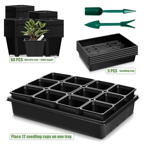 mwellewm 5 Pcs Seed Starter Tray, 3.5 Inch (9CM) 60 Pcs Nursery Pots Kit, Thickened Seed Starting Trays Square Seedling Pots for Plants Sturdy Microgreens Growing Trays Reusable Germination Tray - size: 3.5'' Pots-60pcs + 15.2" x 11" x 2.6" Trays-5Pcs