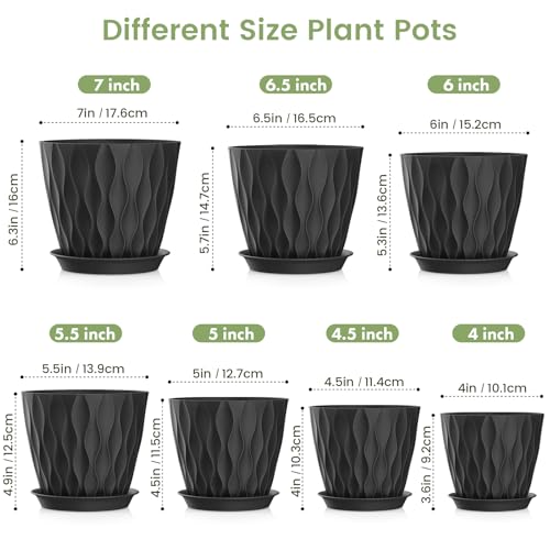 Meowell 7/6.5/6/5.5/5/4.5/4 inch Plant Pots for Indoor Outdoor Plants, 7 Pack Thick Flower Pots with Drainage Holes and Saucers, Modern Wave Texture Plastic Planter Pots for Nursery, Succulent, Black - color: Black, size: 7+6.5+6+5.5+5+4.5+4 inch 7 pieces