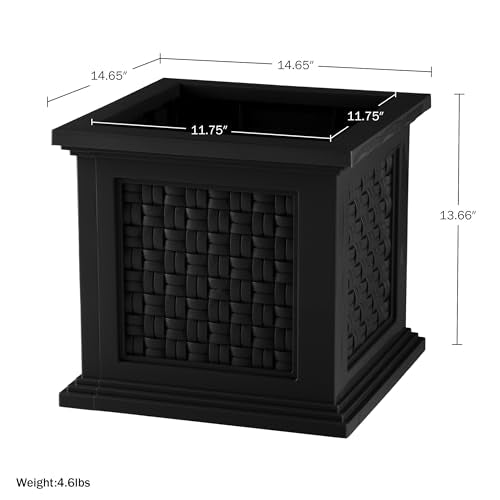 Rattan Style Outdoor Planter Box - 14.65-Inch-Square Decorative Flower or Plant Pot - Garden, Patio and Front Porch Decor by Pure Garden (Black) - color: Black