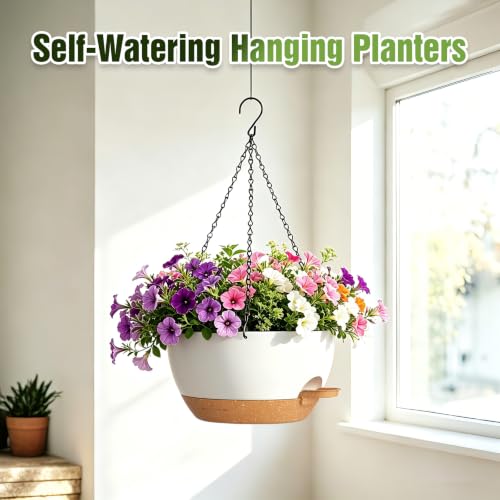 13 Inch Large Self Watering Hanging Planters 2 Pack with Saucers - color: White Brown, size: 13 Inch 2 Pack