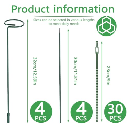 Huakaile 4 Packs Adjustable 23.6" Plant Stakes and Supports with 30 Pieces 9" Twist Ties, Green Plant Holder Stick Outdoor Indoor, Metal Flower Support Stakes Rings for Gardens Vegetables (60 cm) - size: 60 cm