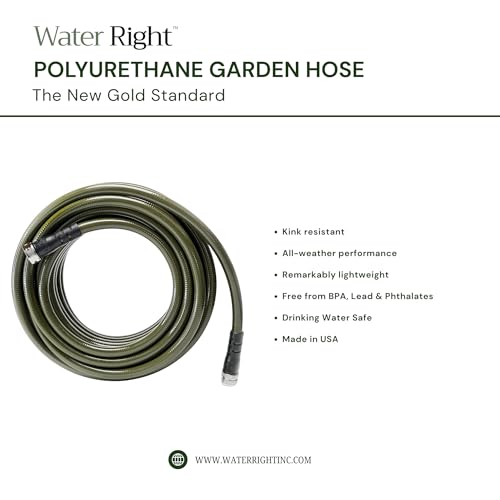 Water Right Polyurethane Garden Hose, 75 Ft, Non-toxic, 1/2” ID, Olive - color: Olive, size: 75-Foot, style: Brass Fittings