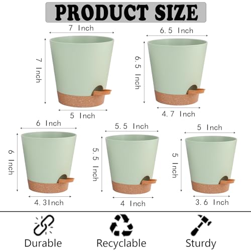 Self Watering Planters for Outdoor Plants 7/6.5/6/5.5/5Inch 5Pack Flower Pot for House Plants Green Indoor Plastic Pots Plant Pots Succulent Pots with Drainage Hole and Deep Reservoir - color: Green, size: 7+6.5+6+5.5+5Inch