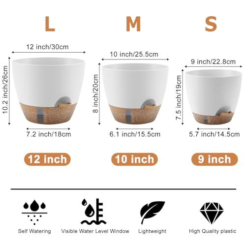 QRRICA 9/10/12 Inch Self Watering Pots for Indoor & Outdoor Plants - color: White, size: 12/10/9 Inch