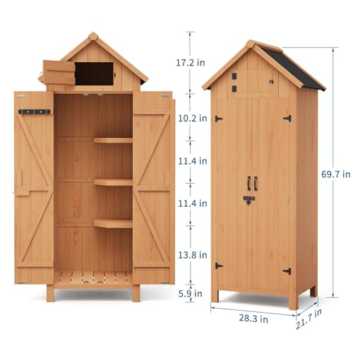 70In Outdoor Storage Shed, Wooden Waterproof Vertical Garden Cabinet with 3 Adjustable Shelves and Lockable Door, Roof Storage, Multi-Wall Weatherproof Design for Patio, Yard, & Lawn Tools - size: 70inch